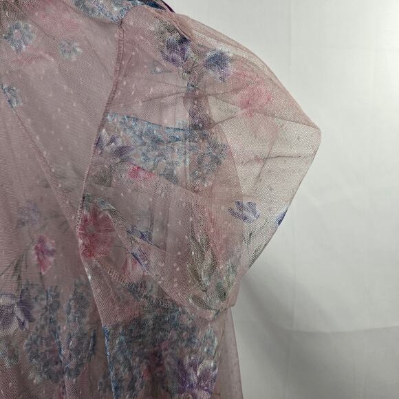 L.I.F.E Love is for Eternity Pink Floral Sheer Puff Sleeve Blouse Top Medium - Picture 7 of 9